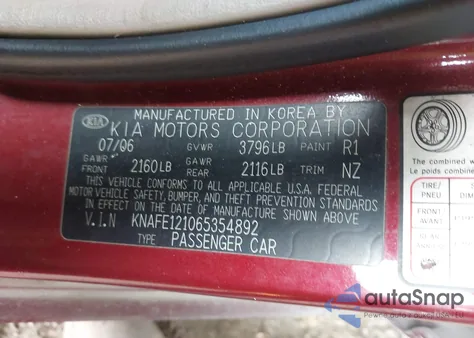 2006 Kia Spectra Ex/Lx/Sx z USA, uszkodzony, nr VIN KNAFE121065354892